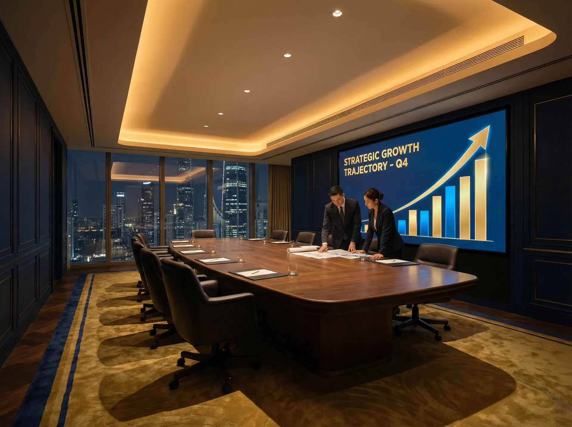 Executive boardroom strategy session with growth chart
